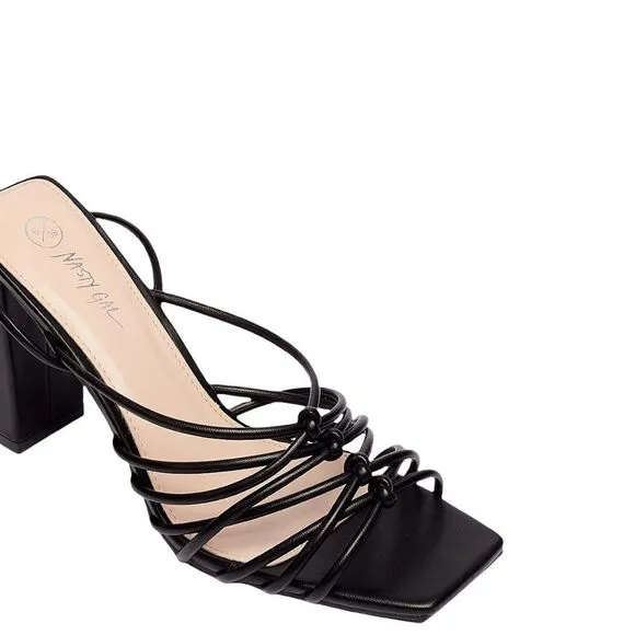 NASTY GAL Black Faux Leather Heeled Tie Sandals