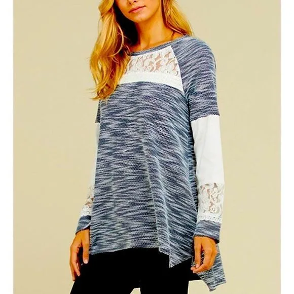 Navy Blue Marled Knit Lace Accent Tunic Sweater S-3XL
