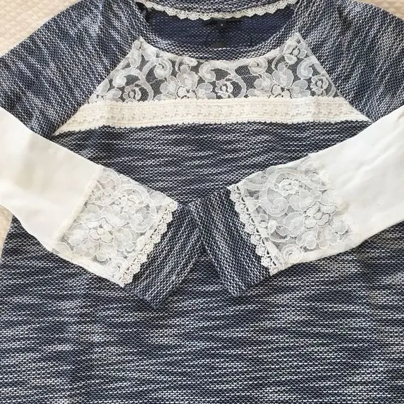 Navy Blue Marled Knit Lace Accent Tunic Sweater S-3XL