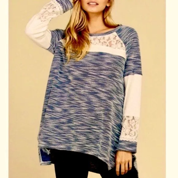 Navy Blue Marled Knit Lace Accent Tunic Sweater S-3XL
