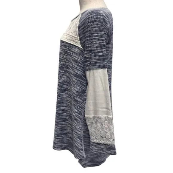 Navy Blue Marled Knit Lace Accent Tunic Sweater S-3XL