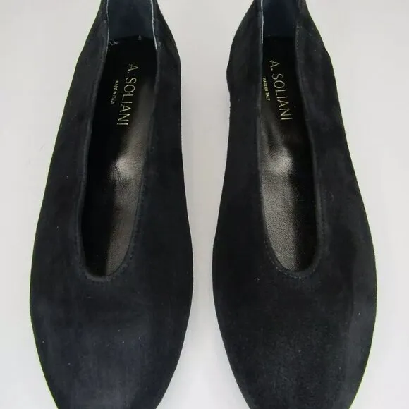 NEW A. SOLIANI ITALY Womens Scala Flats Black Suede Dress Shoes Slip On Size 8