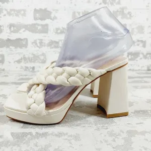 New Anne Klein Aiden White Faux Leather Chunky Platform Block Heel Sandals W60