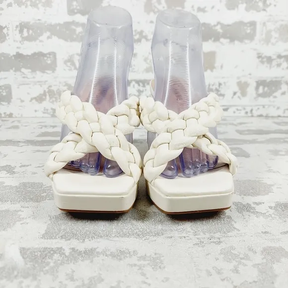 New Anne Klein Aiden White Faux Leather Chunky Platform Block Heel Sandals W60
