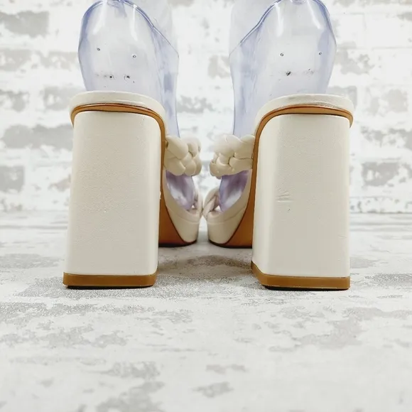 New Anne Klein Aiden White Faux Leather Chunky Platform Block Heel Sandals W60
