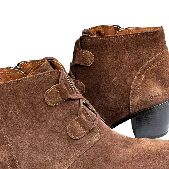 New BØC Brown Suede 3” Block Heel Ankle Boots Side Zip Lace Up Details Size 10