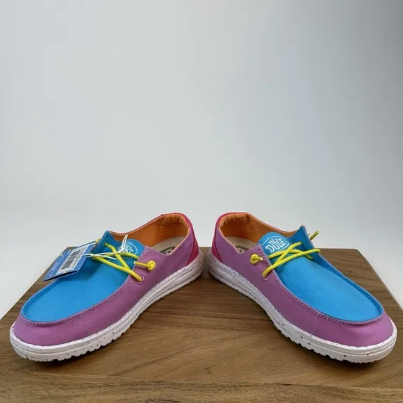 New Big Kids Hey Dude Wendy Slub Canvas Color Block Slip On Shoes Loafers 5 Y