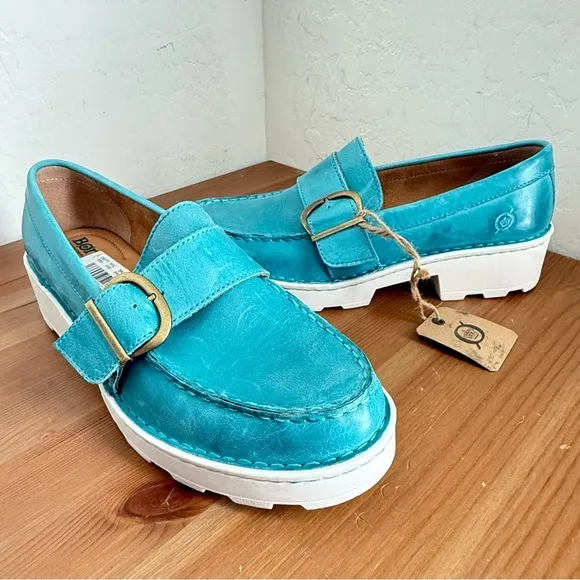 NEW BORN Contessa Turquoise Leather Buckle Platform Loafer Women’s Size 9.5