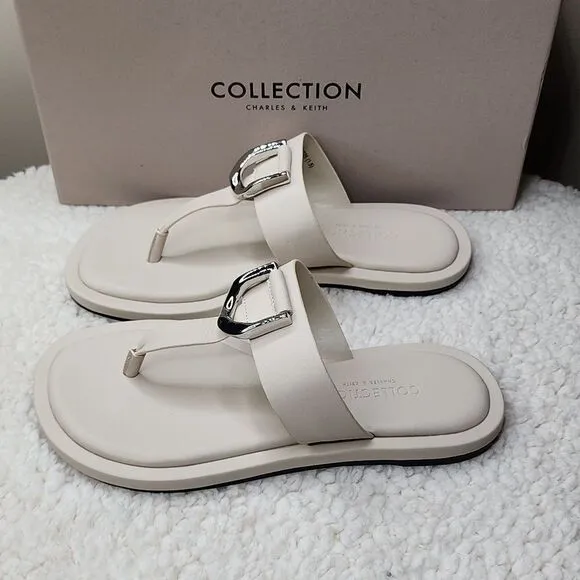 New CHARLES &amp; KEITH COLLECTION Gabine Leather Thong Sandals - Chalk Size 5