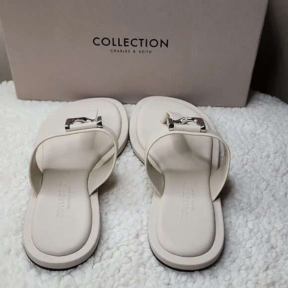 New CHARLES &amp; KEITH COLLECTION Gabine Leather Thong Sandals - Chalk Size 5