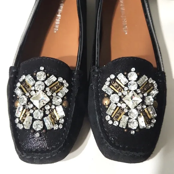 NEW!! Donald J Pliner Black Suede Gorgeous Crystal Rhinestone Flats Size 5.5