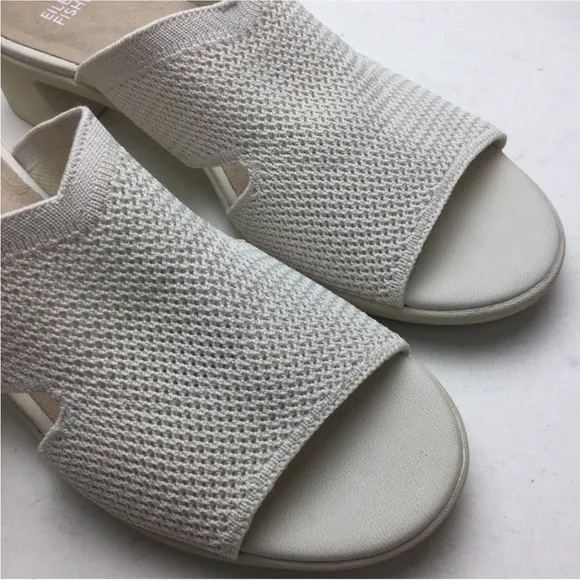 New Eileen Fisher Naja Stretch Knit Block Heel Cream Mule Sandals Size 9.5