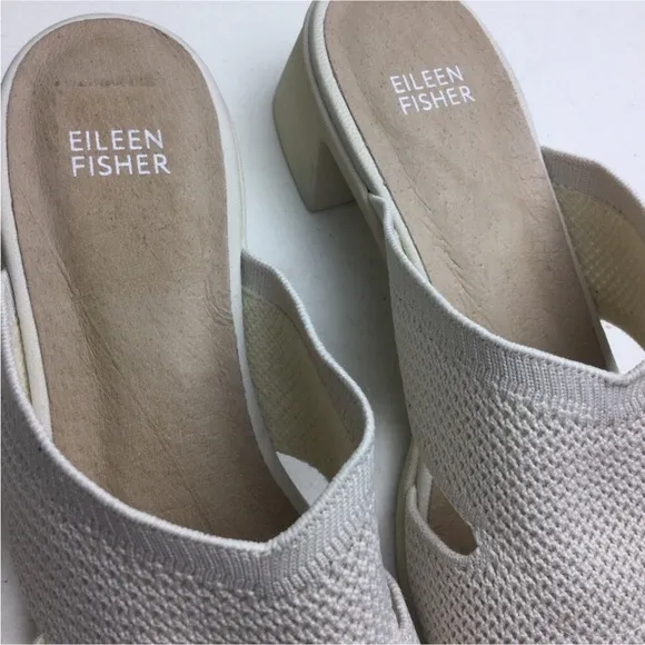 New Eileen Fisher Naja Stretch Knit Block Heel Cream Mule Sandals Size 9.5