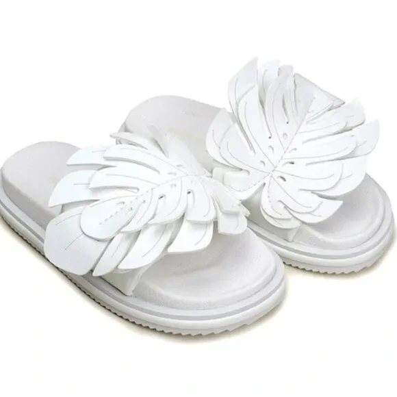 NEW Farm Rio Monstera Leaf Sandal Platform Slides White Adjustable Tropical 9