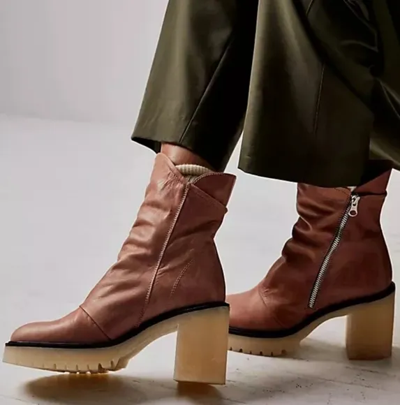New Free People Jack Zip Brown Tan Ankle Boots with Side Zipper and Heel