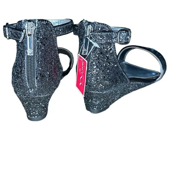 New Girl's Nina Kristina Black Chunky Glitter Wedge Sandals size 5M