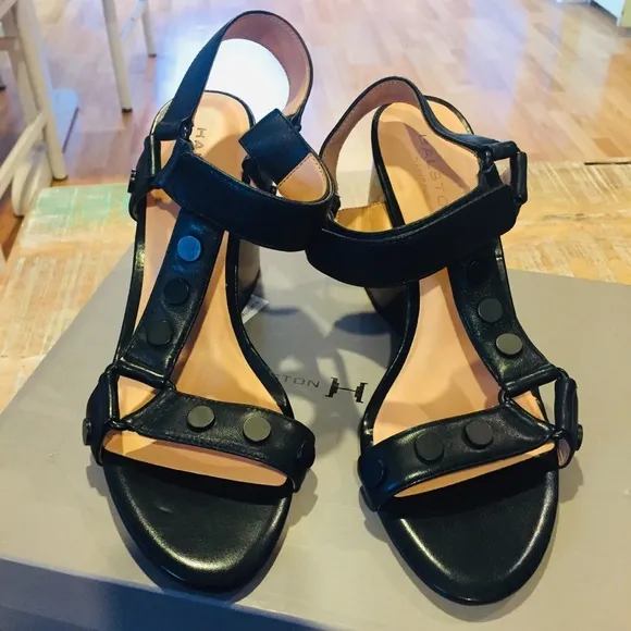 NEW Halston Heritage Mica Strappy Sandals 9 Black heels metallic