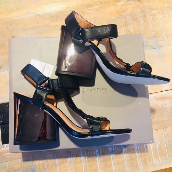 NEW Halston Heritage Mica Strappy Sandals 9 Black heels metallic