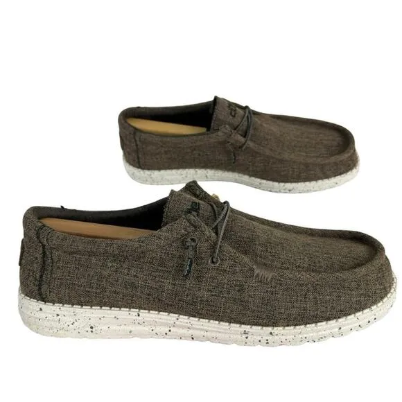New Hey Dude Men's 14 Wally Eco Linen Loafers Slip On Shoes Dark Brown Natural