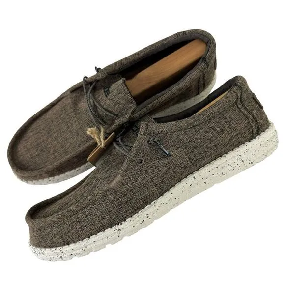 New Hey Dude Men's 14 Wally Eco Linen Loafers Slip On Shoes Dark Brown Natural