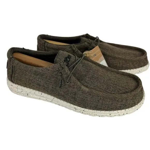 New Hey Dude Men's 14 Wally Eco Linen Loafers Slip On Shoes Dark Brown Natural