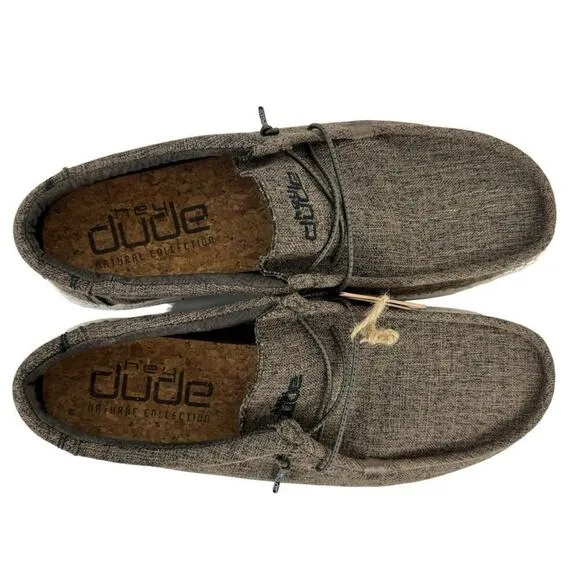 New Hey Dude Men's 14 Wally Eco Linen Loafers Slip On Shoes Dark Brown Natural