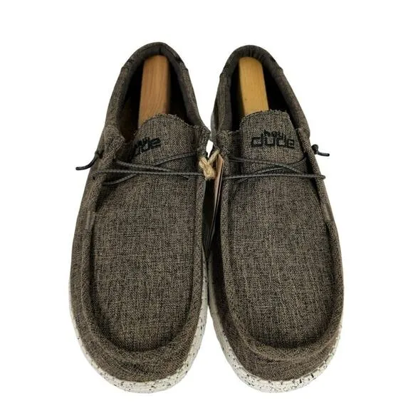 New Hey Dude Men's 14 Wally Eco Linen Loafers Slip On Shoes Dark Brown Natural