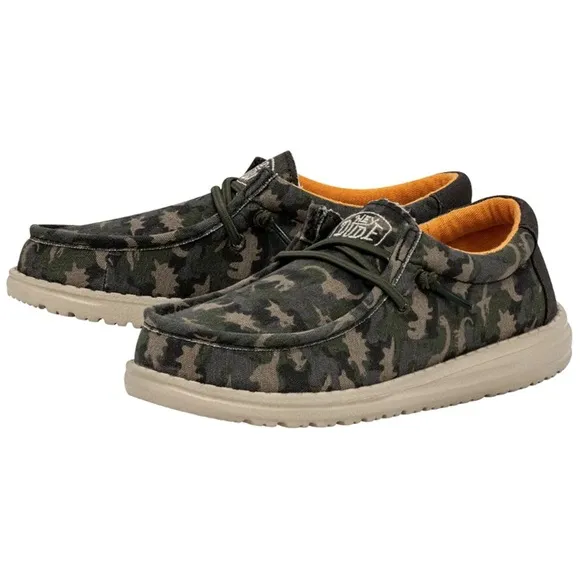 NEW Hey Dude Youth Wally Loafers Boys Size 5 Camo Dinosaur Print Green &amp; Tan