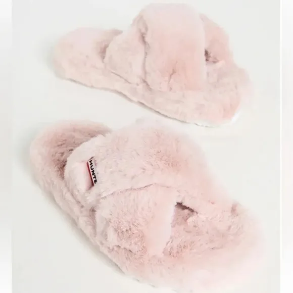 New Hunter Faux Fur Flatform Slide Crossover Straps VeganSandals Pink Size 6