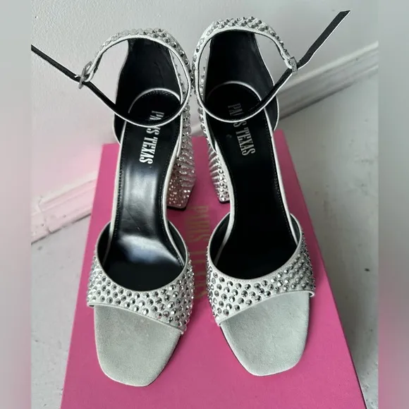 NEW IN BOX Paris Texas Holly Fiona 100mm Heeled Sandals in Silver Diamond 8.5