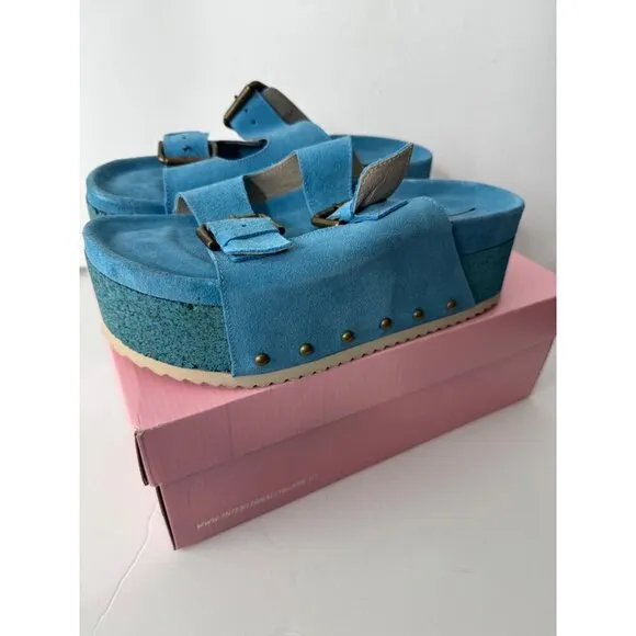 New Intentionally Blank Rule Breaker Suede Platform Sandals Blue Size 39 US 8.5