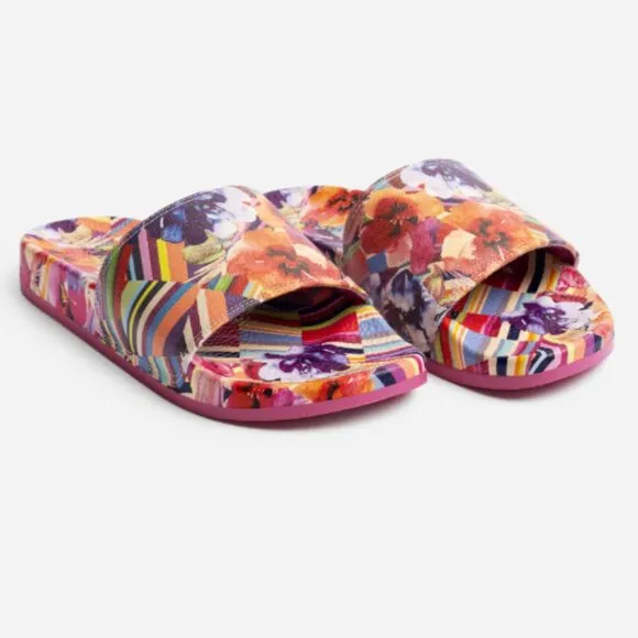 NEW JOHNNY WAS Floral Striped Pool Slides multi color for women 123mn