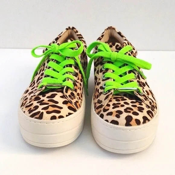 New J/Slides Womens Real Calf Fur Leopard Print Neon Lace Platform Sneaker US 7