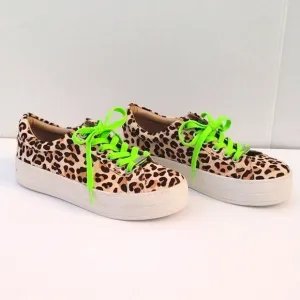 New J/Slides Womens Real Calf Fur Leopard Print Neon Lace Platform Sneaker US 7