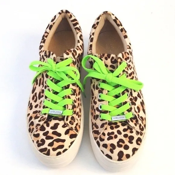 New J/Slides Womens Real Calf Fur Leopard Print Neon Lace Platform Sneaker US 7