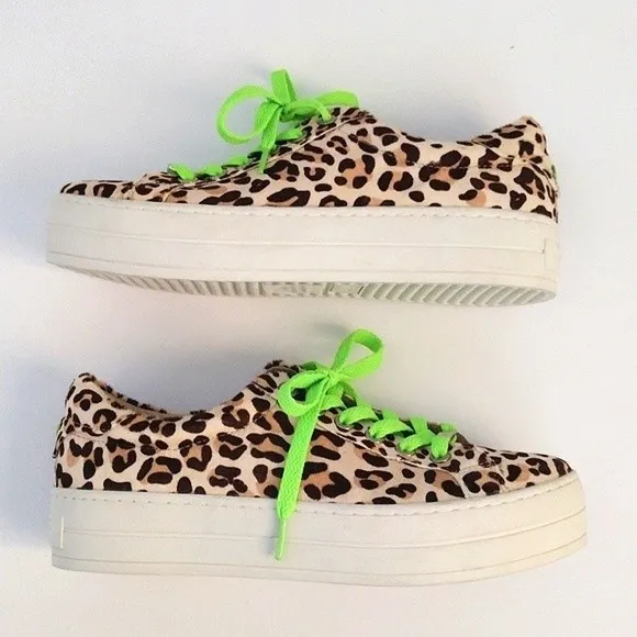 New J/Slides Womens Real Calf Fur Leopard Print Neon Lace Platform Sneaker US 7
