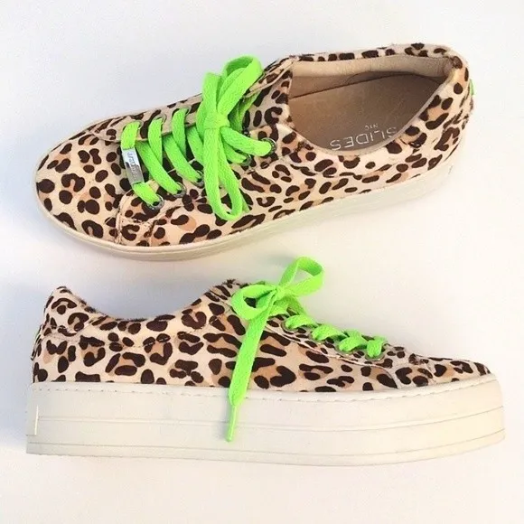 New J/Slides Womens Real Calf Fur Leopard Print Neon Lace Platform Sneaker US 7