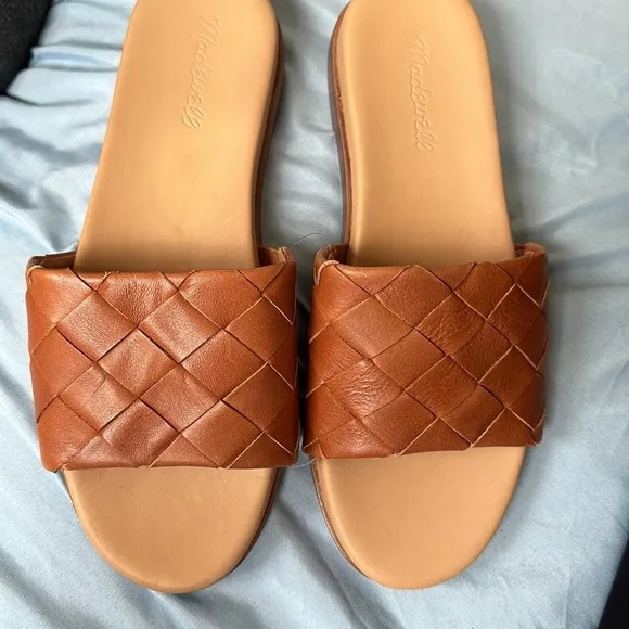 New! Madewell Burnished Caramel The Louisa Slide Sandal in Woven Leather