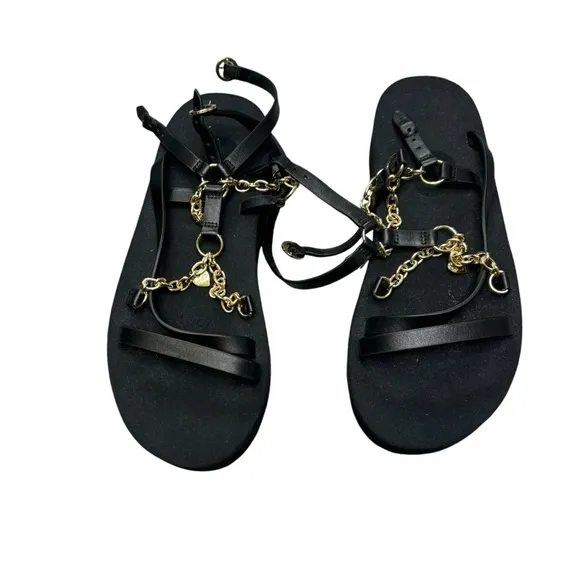 NEW* MAJE Frankie Black/Gold Chain And Charm-Embellished Leather Sandals Size 37