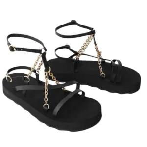 NEW* MAJE Frankie Black/Gold Chain And Charm-Embellished Leather Sandals Size 37
