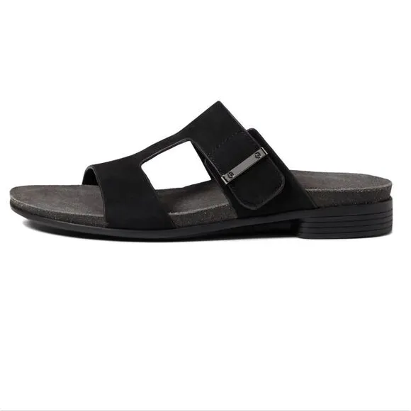 New Munro Jody black leather suede like slip on slides slippers size 7 W wide