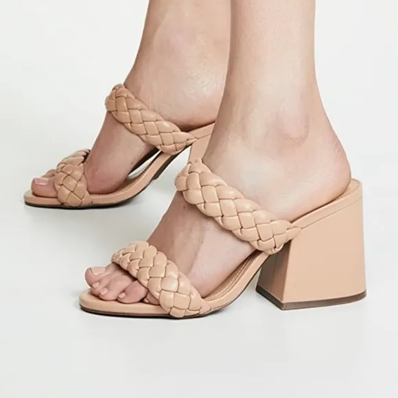 NEW SCHUTZ Elida Braided Leather Chunky Heel Slide Sandals in Honey Beige Size 8