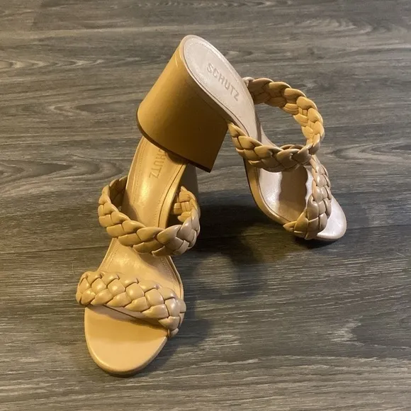NEW SCHUTZ Elida Braided Leather Chunky Heel Slide Sandals in Honey Beige Size 8