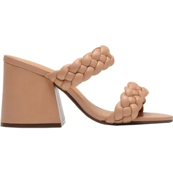 NEW SCHUTZ Elida Braided Leather Chunky Heel Slide Sandals in Honey Beige Size 8