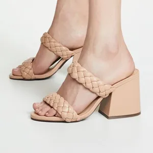 NEW SCHUTZ Elida Braided Leather Chunky Heel Slide Sandals in Honey Beige Size 8