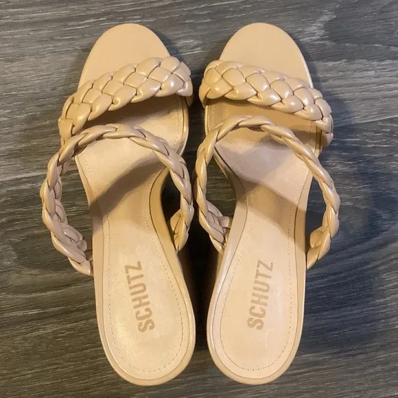 NEW SCHUTZ Elida Braided Leather Chunky Heel Slide Sandals in Honey Beige Size 8