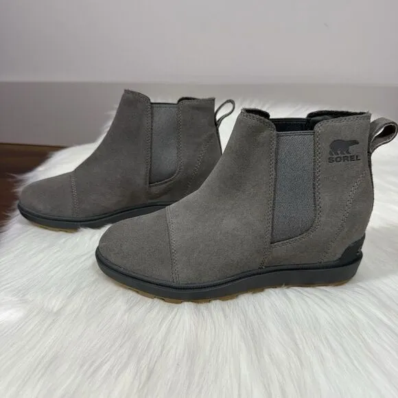 NEW Sorel Women's Size 7 Gray‎ Suede Evie Hidden Wedge Chelsea Bootie Boots