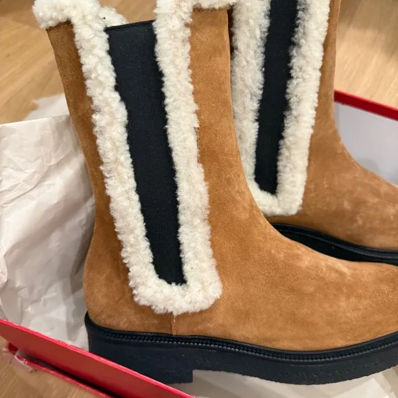 NEW STAUD Palamino Shearling-Trimmed Suede Chelsea Boots SIZE 8