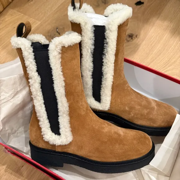 NEW STAUD Palamino Shearling-Trimmed Suede Chelsea Boots SIZE 8