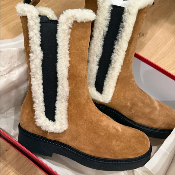 NEW STAUD Palamino Shearling-Trimmed Suede Chelsea Boots SIZE 8